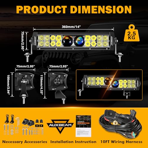 Auxbeam 12 Inch LED Light Bar, 100W 12000LM Spot Flood Combo Off Road Driving Lights, 5D-PRO Series Waterproof Dual Row Driving Work Lamp Lights with Wiring Harness for Cars Trucks Jeep ATV UTV Boats - size: 12" 100W