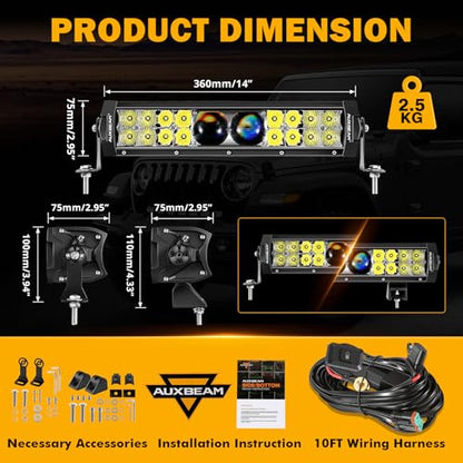 Auxbeam 12 Inch LED Light Bar, 100W 12000LM Spot Flood Combo Off Road Driving Lights, 5D-PRO Series Waterproof Dual Row Driving Work Lamp Lights with Wiring Harness for Cars Trucks Jeep ATV UTV Boats - size: 12" 100W