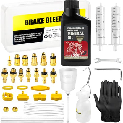 Brake Bleed Kit for Shimano, TEKTRO, TRP Hydraulic Disc Brakes, Bike Brake Bleed Kit with Brass Connector, 150 ML Mineral Oil Brake Fluid