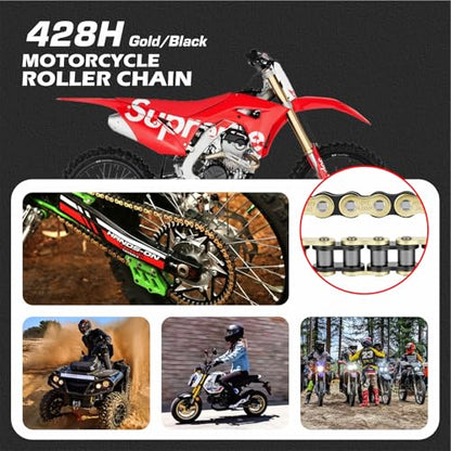 DYC 428H Motorcycle Chain 122 Links(Gold/Black) with Master Links, Chain Breaker Tool & Chain Brush for 125–250cc Motorcycle/ATV/Dirt Bike/Pit Bike/Go Kart SSR TaoTao Coolster Apollo Baja Kazuma - size: 428H-122L (Gold/Black)