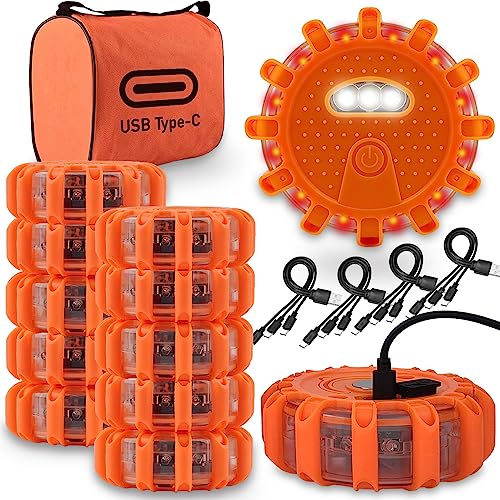 Ecoangel USB-C Rechargeable LED Road Flares Emergency Lights-Large Capacity (Lithium Battery) 3 in 1 Cable Roadside Warning Car Safety Beacon Flashing Disc Flare Kit with Magnetic Base for Vehicles - color: 12 PACK USB C High Power