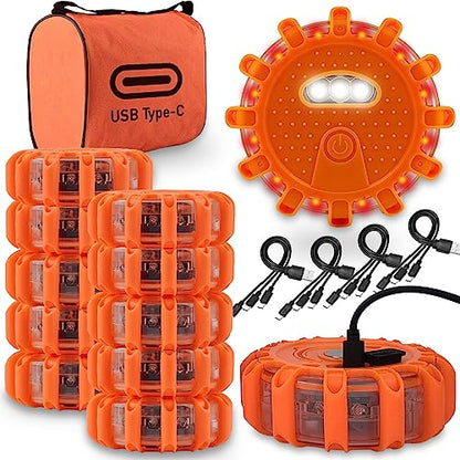 Ecoangel USB-C Rechargeable LED Road Flares Emergency Lights-Large Capacity (Lithium Battery) 3 in 1 Cable Roadside Warning Car Safety Beacon Flashing Disc Flare Kit with Magnetic Base for Vehicles - color: 12 PACK USB C High Power