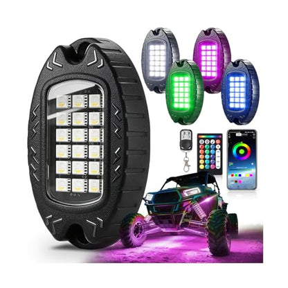 4Pods Heavy Duty Aluminum RGBW LED Rock Lights Kit for ATV UTV 4 Wheeler Can-Am SXS RZR Side by Side Offroad Vehicle, APP & RF Remote, Plug&Play Pre-Wired, IP67 Waterproof 12V Underglow Accent Light - color: RGBW 18LEDs, size: 4Pods