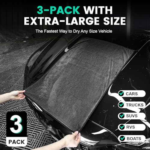 TEAWOO 3-Pack Microfiber Towels for Cars (24" x 35"), Extra Large Super Absorbent Car Drying Towel, Drying Towel for Car & Trucks, Car Towels Drying with No Streaks & Scratches - size: 35"x 24" 3 PACK