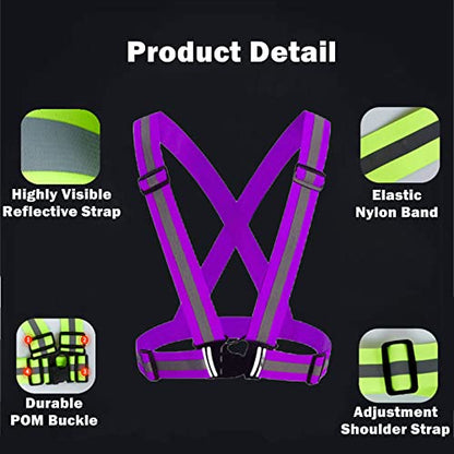 Reflective Strap Safety Vest Gear - 2-10 Pack Adjustable High Visible Reflective Running Gear for Women Men Night - color: Purple x2