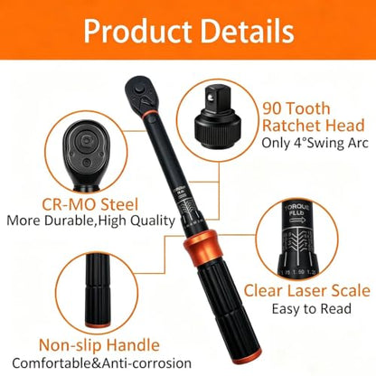 32-Piece 1/4" Drive Click Torque Wrench Set, 3.7-18.5 ft.lb (5-25 Nm), 72-Tooth, Dual-Direction, Includes Spark Plug Sockets & Torx Bits for Motorcycle, Car, ATV & Small Engine Repair