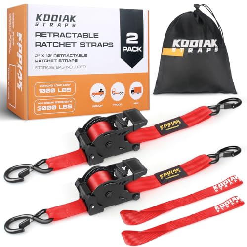Retractable Ratchet Straps 2" x 10ft, 3,000lb Break Strength, Heavy Duty Easy Release Tie Down for Trucks, Trailers, Motorcycles, ATVs, Secure Cargo KODIAK STRAPS (Red, 2Pack) - color: Red, size: 2INCH*2PACK