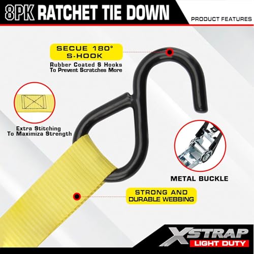 XSTRAP STANDARD 8-Pack Ratchet Tie Down Straps, 1" x 10ft, 900lb Break Strength Heavy Duty Straps for Motorcycles, ATVs, Lawn Equipment, Appliances & Truck Cargo - Yellow - color: Yellow