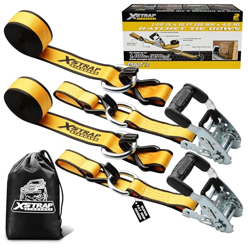 XSTRAP STANDARD 2 Pack 1.5" x 16' Ratchet Tie Down Straps - 1100Lbs Working Load, 3300Lb Break Strength, Heavy Duty Double J-Hook for Truck, Trailers & Cargo, Yellow - style: 2pk 1.5'' x 16' 3300lbs yellow
