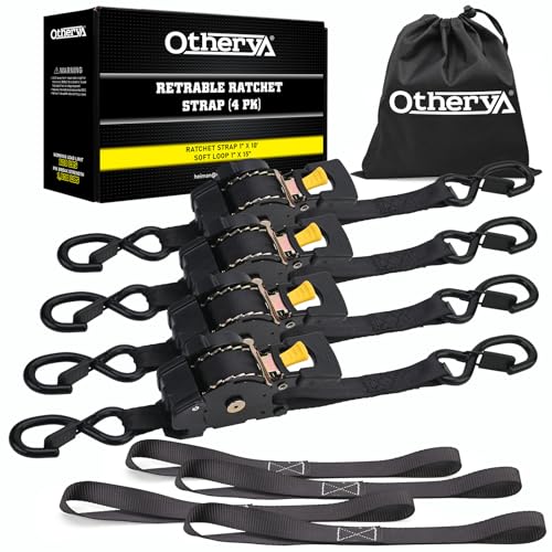 Retractable Ratchet Straps | 4 Heavy Duty Ratchet Straps Self Retractable Tie Down Straps with Soft Loops & Storage Bag for Motorcycle, Truck, Trailer | 1100 Lb Break Strength 1” x 7’ - size: 4 Pack