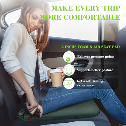 Inflatable Seat Cushion, Self-Inflating Memory Foam Stadium Seats Cushion Lightweight & Compact Chair Sitting Pad Airplane Cushion for Long Flight Travel Outdoor Camping Car Bleachers Office - color: Green