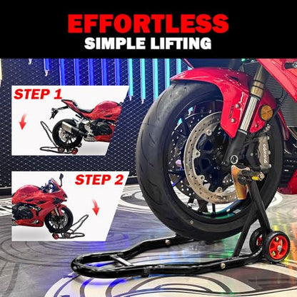 MOTO4U Motorcycle Front & Rear Stand, Front Rear Combo Stand Universal Wheel Lift Stand Swingarm Spool Lift Stand Paddock Stand (Red Wheel) - size: Front & Rear Stand Black