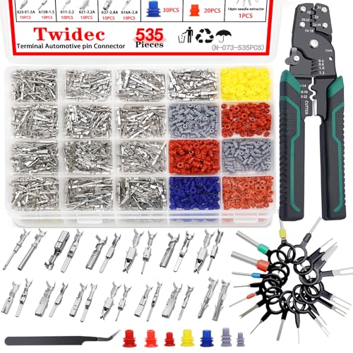 Twidec/535Pcs Car Electrical Wire Terminal Pins Connector Kit 1/1.5/1.8/2.2/2.8/3.5mm 26Type Male&Female Connectors Pin Terminal Auto Non-Insulated Plug Removal Crimp Pins with Wire Crimper Tool - size: 535PCS | With 3-in-1 Crimper Tool