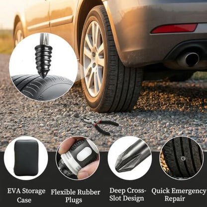 Tire Repair Kit, 60PCS Rubber Tire Repair Plugs with 3-in-1 Ratchet Screwdriver, Needle Nose Pliers & EVA Storage Case, Tubeless Tire Emergency Repair Kit for Car, Motorcycle, SUV & Truck