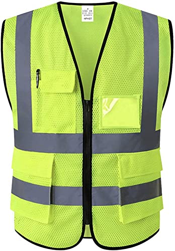 5 Pockets High Visibility Reflective Safety Vest,Zipper Front, Meets ANSI/ISEA Standards - color: Yellow-mesh, size: Large