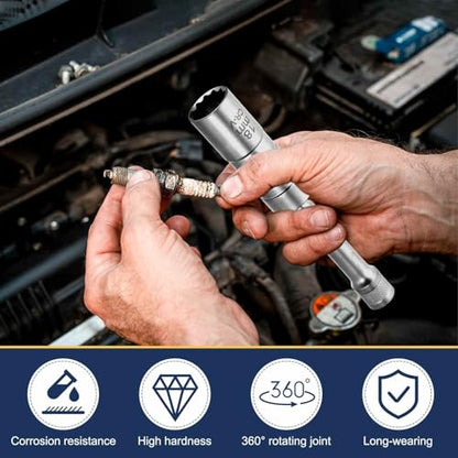 HARFINGTON 2pcs Spark Plug Socket Set 3/8" Drive 16mm Swivel Magnetic 12 Point Long Thin Wall Spark Plug Socket with 360 Degree Swivel CR-V Steel, Silver - size: 16mm