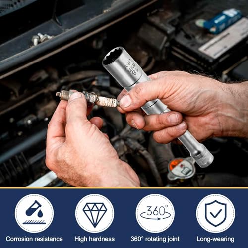 HARFINGTON 2pcs Spark Plug Socket Set 3/8" Drive 16mm Swivel Magnetic 12 Point Thin Wall Spark Plug Socket with 360 Degree Swivel CR-V Steel, Silver - size: 16mm