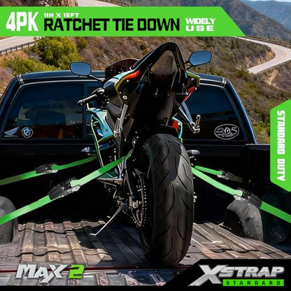 XSTRAP STANDARD Ratchet Tie Down Straps - 4 Pk - 1'' x 15 Ft 1890 Lbs Break Strength-Cargo Straps with Integrated Soft Loops, Padded Handles & Coated S Hook W/Safety Clip for Motorcycle, Truck (Green) - size: Green-1890 lbs