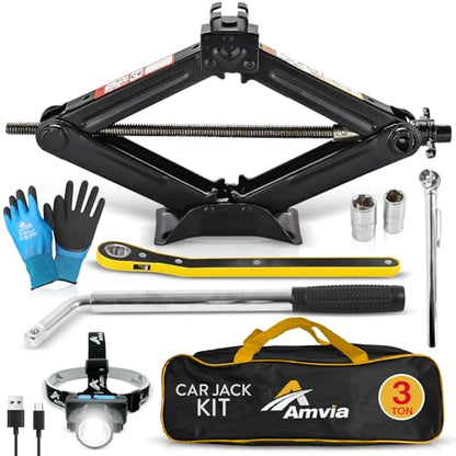 Car Jack Kit 3 Ton (6,600 lbs) | Scissor Jack for Car - Tire Jack Tool Kit | Portable, Ideal for SUV and Auto - Universal Kit with Lug Wrench | Heavy Duty Material - size: Car Jack Kit 3 Ton + Lug Wrench