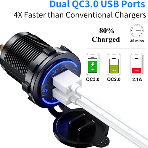 KEWIG Quick Charge 3.0 Dual USB Charger Socket Waterproof 36W 12V 24V USB Outlet Fast Charge with Touch Switch & Blue LED DIY Kit for Car Boat Marine ATV Bus Truck Golf Cart and More