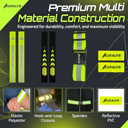 Auralys® 4 in 1 Reflective Running Gear, Adjustable Belt, Arm Bands, Ankle Straps & Bike Stickers for Night Visibility, Safety Gear, Reflective Tape Straps for Clothing, Night Dog Walking, Cycling