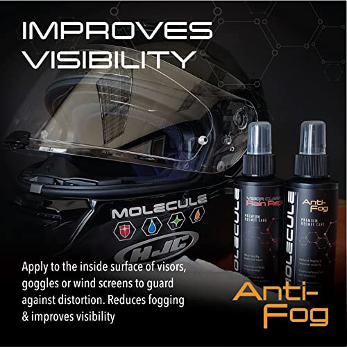 Molecule Helmet Anti-Fog Spray | Premium Helmet Care Spray | Reduces Fogging & Improves Visibility for Helmet Visors, Goggles & Windscreens | Cleans Dirt & Residue | 4 oz + 1 Microfiber Towel