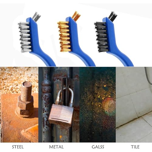 Wire Brush Set (3-Pack) for Precision Cleaning – Brass, Nylon & Stainless Steel Brushes for Rust Removal, Delicate Surfaces & Tight Spaces – 7-Inch Curved Handle - color: 3 PCS BLUE