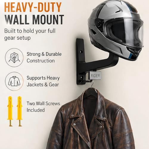 Motorcycle Helmet Wall Mount with Coat Hook & DIY Name Area,Heavy Duty Firefighter Helmet Hanger Wall Mount for Garage Storage,Motorbike,Garage,Fire Station&Firefighter Gear,Universal Helmet Holder