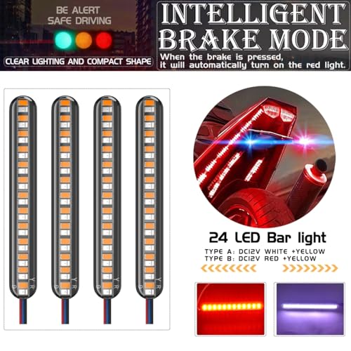 2PCS Universal LED Strip Motorcycle Tail Light Turn Signals Flowing Sequential,24 LED Flexible Brake Stop License Plate Lights Waterproof for Motorcycle Bike ATV Car RV SUV (WHITE+YELLOW) - color: WHITE+YELLOW
