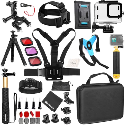 Accessories Kit Pack for Go pro 13 12 11 10 9 Hero Black, Waterproof Housing Case Backpack Shoulder Strap Mount Motorcycle Helmet Chin Mount Bundle for Gopro Hero13 12 11 10 9 Camera(YP01)