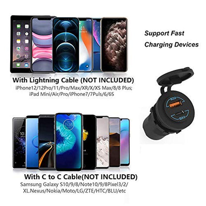 12V USB Outlet - 90W(Max) Dual Ports QC4.0 PD & Quick Charge3.0 Car Charger Socket with LED Indicator - Waterproof USB C Port for Car Boat Marine Motorcycle RV Truck ATV Golf Cart