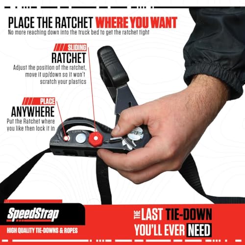 SpeedStrap Motorcycle Tie-Downs with Adjustable Sliding Ratchet (2-Pack) 1.25 Inch x 7 Feet (3,000lb MRC) - Moto Tie Down Straps with Swivel Carabiner, Built-in Soft Ties & Safety S-Hooks - Black | Adjustable Sliding Ratchet, Swivel Carabiner, Built-In So