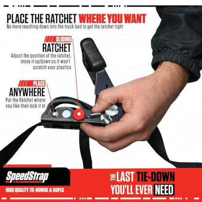 SpeedStrap Motorcycle Tie-Downs with Adjustable Sliding Ratchet (2-Pack) 1.25 Inch x 7 Feet (3,000lb MRC) - Moto Tie Down Straps with Swivel Carabiner, Built-in Soft Ties & Safety S-Hooks - Black | Adjustable Sliding Ratchet, Swivel Carabiner, Built-In So