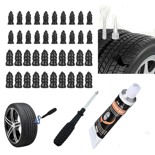 40 PCS Tire Repair Kit with Black Tire Sealant Glue Tubes, Screw-in Tire Plug Kit, 2026 Upgraded Emergency Flat Tire Repair Tool, Fast Puncture Fix for Car, Truck, Motorcycle & Tractor - color: 40Pcs+30ml glue+screwdriver