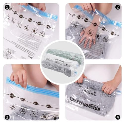 Amazon Basics Roll-Up Travel Compression Storage Bags for Clothes and Towels, No Vacuum Needed, Clear, 12 Pack (6 Small & 6 Medium)