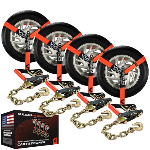 VULCAN Car Tie Down with Chain Anchors - Lasso Style - 2 Inch x 96 Inch - 4 Pack - PROSeries - 3,300 Pound Safe Working Load - size: Chain Anchors - ProSeries Orange (4 Pack)