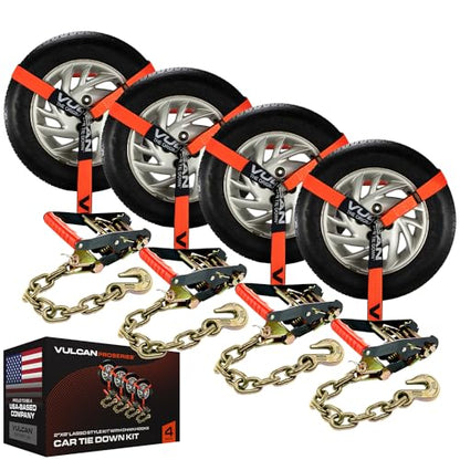 VULCAN Car Tie Down with Chain Anchors - Lasso Style - 2 Inch x 96 Inch - 4 Pack - PROSeries - 3,300 Pound Safe Working Load - size: Chain Anchors - ProSeries Orange (4 Pack)