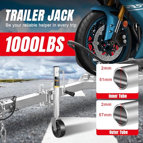 Torin 1000 lbs Trailer Jack with Wheel, Heavy Duty Swivel Boat Trailer Jack Single Whee, 10" Lift, Bolt-on Trailer Tongue Jack for RV Boat ATR39001B, Silver - size: 1,000 LBs, style: Single Wheel Trailer Jack