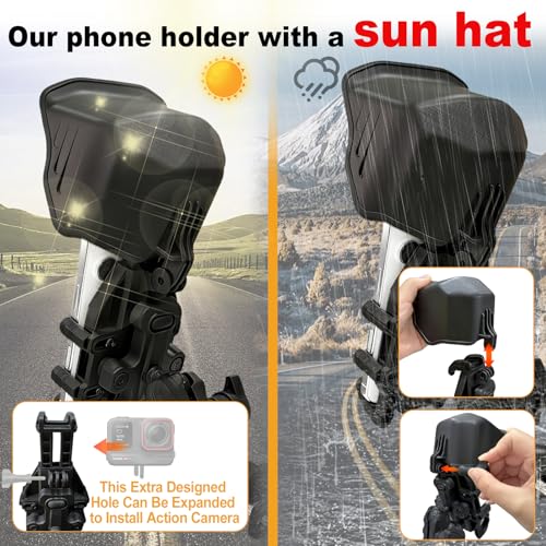 Chikia Anti-Vibration Motorcycle Phone Mount Holder with Sunshade, Adjustable Size Handlebar for ATV Bike Bicycle Scooter Waterproof All Weather Fit 4.7-6.9" Smartphone