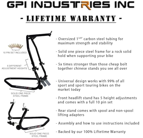 GP Pro Series Universal Front and Rear Motorcycle stands set - For use with Ninja ZX6r 636 ZX10r ZX14r ZX14 CBR 600rr 1000rr GSXR 600 750 1000 Yamaha R1 R6 MT10 MT09 MT07 Hayabusa SV650 SV1000