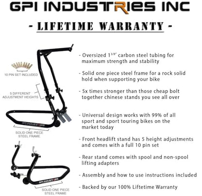 GP Pro Series Universal Front and Rear Motorcycle stands set - For use with Ninja ZX6r 636 ZX10r ZX14r ZX14 CBR 600rr 1000rr GSXR 600 750 1000 Yamaha R1 R6 MT10 MT09 MT07 Hayabusa SV650 SV1000