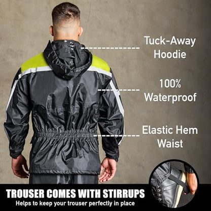 Waterproof Motorcycle Rain Suit, 2-Piece Reflective Gear, Lightweight Riding Jacket & Pants, Protective Raincoat with Hoodie - color: Green, size: XL-2XL