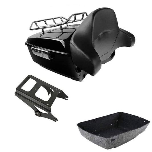 TCMT King Motorcycle Trunk Box Wrap-around Backrest Detachables Two-Up Mounting Rack Luggage Rack Fit For Harley 2009-2013 Touring Road King Road Street Electra Glide Pack - color: Set C#Black Rack, size: King Trunk With Speaker Holes