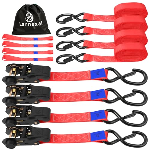Ratchet Straps 4 Pack - 1,826 Lbs Break Strength 1 in x 15 Ft Medium Duty Ratchet Tie Down Straps with S Hooks Set for Truck, Cargo Van, Trailer, Motorcycle (Red) - color: Red, size: 1826 LBS