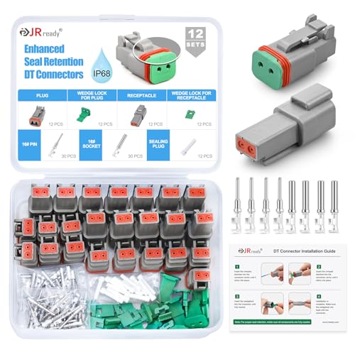 JRready 2 Pin Deutsch DT Connector Kit 12 Sets, Gray Waterproof Automotive Electrical Wire Connectors with Size 16 Stamped Contacts 14-18 AWG, Wedgelocks and Seal Plugs for Car Truck Marine Wiring - size: 2-Pin (12 Pairs)