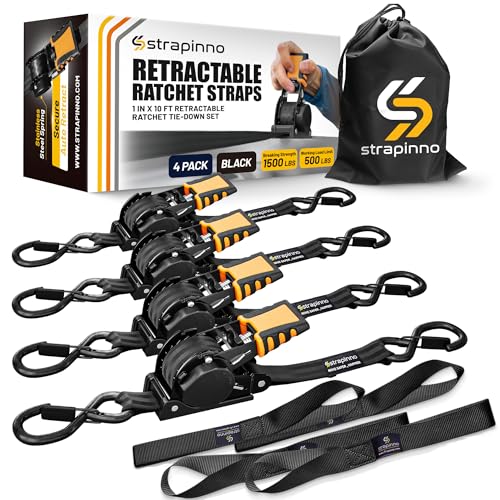 Strapinno Retractable Ratchet Straps (4-Pack), 1 in x 10 ft, 1,500LBS Break Strength, Most Durable Straps and Core, Auto Self Retracting Tie Downs for Truck, Moving, Motorcycle, Bike, Jetski, Kayak - color: Black Strap, Black Coated