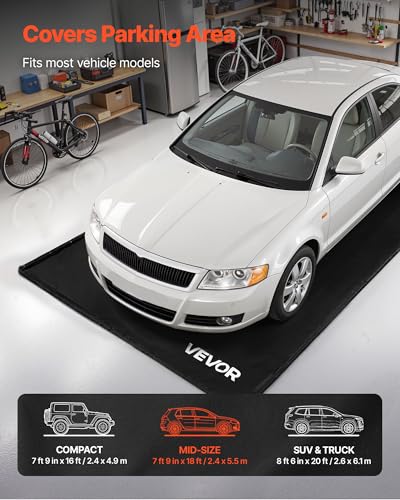 VEVOR Containment Mat, 7 ft 9 in x 18 ft, Non-Slip PVC Garage Floor Mat with a Cleaning Squeegee, Heavy Duty Durable Waterproof Containment Protection from Snow, Rain and Mud for Cars Parking, Black - size: 7 ft 9 in x 18 ft