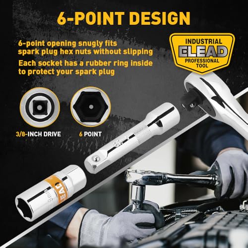 ELEAD 12-Piece 3/8" Drive Spark Plug Socket Set with Ratchet Handle, Universal Joint, Spark Plug Gapper & Extension Bar, 9/16", 5/8", 3/4", 13/16", 14mm, 18mm, CR-V Sockets with Rubber Holding Rings - size: 12-Piece Spark Plug