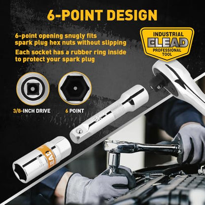 ELEAD 12-Piece 3/8" Drive Spark Plug Socket Set with Ratchet Handle, Universal Joint, Spark Plug Gapper & Extension Bar, 9/16", 5/8", 3/4", 13/16", 14mm, 18mm, CR-V Sockets with Rubber Holding Rings - size: 12-Piece Spark Plug
