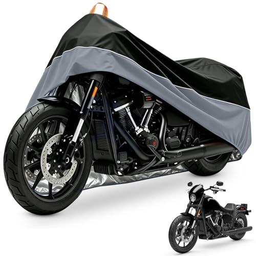 Motorcycle Cover All Season Waterproof Sun Outdoor Protection, Fits up to 104" Motorcycle Powersports Vehicle Covers, Black and Gray (Lockholes & Storage Bag) - color: Black/Gray, size: 104''